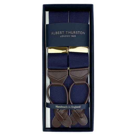 Albert Thurston Solid Braces - Navy with Brown Leather Ends & Gold Hardware (099532)