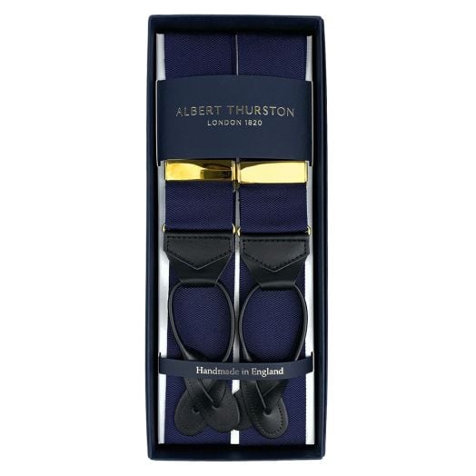 Albert Thurston Solid Braces - Navy with Black Leather Ends & Gold Hardware (104155)
