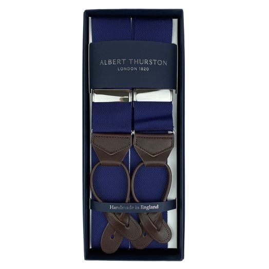Albert Thurston Solid Braces - Navy with Brown Leather Ends & Silver Hardware (115219)