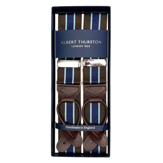 Albert Thurston Striped Braces - Brown with Aqua & Navy (111793)