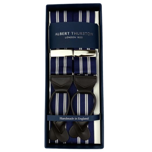 Albert Thurston Striped Braces - Navy with Double White (119530)
