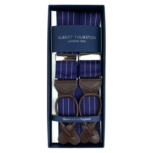 Albert Thurston Thin Stripe Braces - Navy & Lilac (115215)