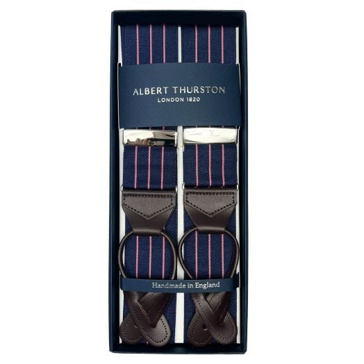 Albert Thurston Thin Stripe Braces - Navy with Rose (107935)