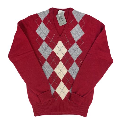 Aquascutum Scottish Lambswool Intarsia V-Neck Sweater - Argyle - Burgundy