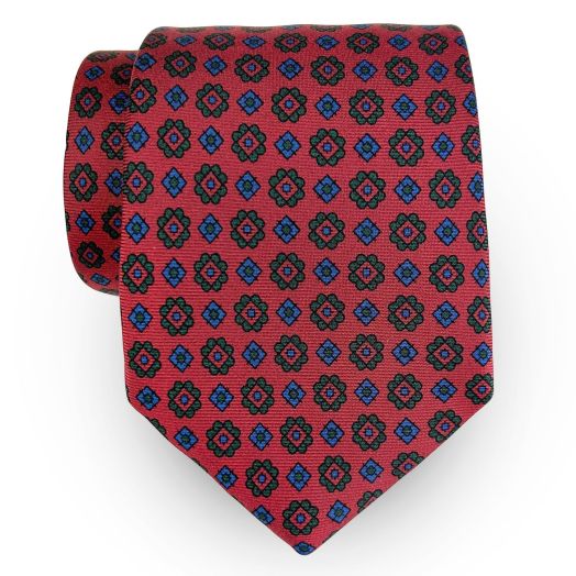 Atkinsons Ancient Madder Necktie - Neat - Red with Forest Green & Blue (102102) Extra Long