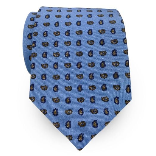 Atkinsons Irish Poplin Necktie - Paisley - Blue with Navy, British Tan, and Gold (66094)