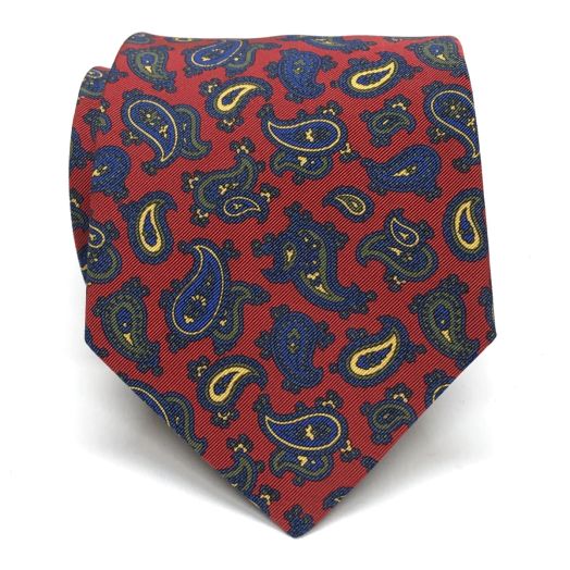 Atkinsons Irish Poplin Necktie - Paisley - Red with Navy, Olive & Yellow (88229)