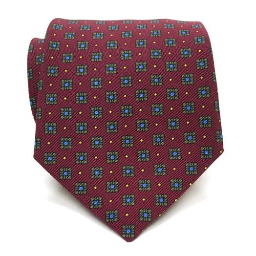 Atkinsons Irish Poplin Necktie - Print - Burgundy with Fern Green and Blue (92493)