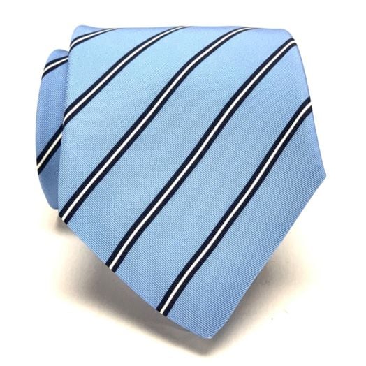 Atkinsons Irish Poplin Necktie - Stripe - Sky with Navy & White (093034)