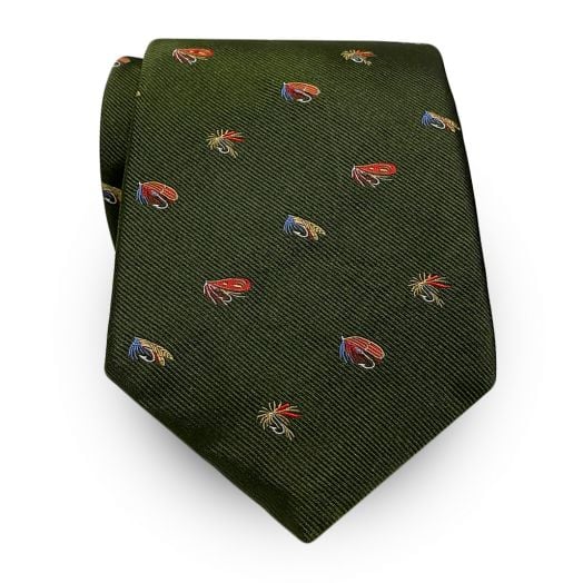 Atkinsons Silk Club Tie - Fishing Flies on Olive (39003)