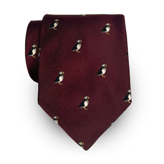Atkinsons Silk Club Tie - Puffins - Burgundy (117434)