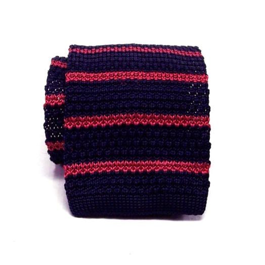 Atkinsons Silk Knit Necktie - Stripe - Navy with Red (65928)