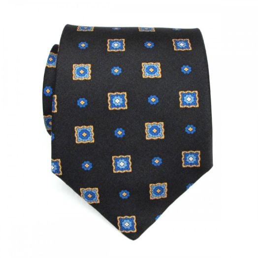 Atkinsons Silk Print Necktie - Square Medallion - Black with Sky, Yellow & Blue (Extra Long) (77721)