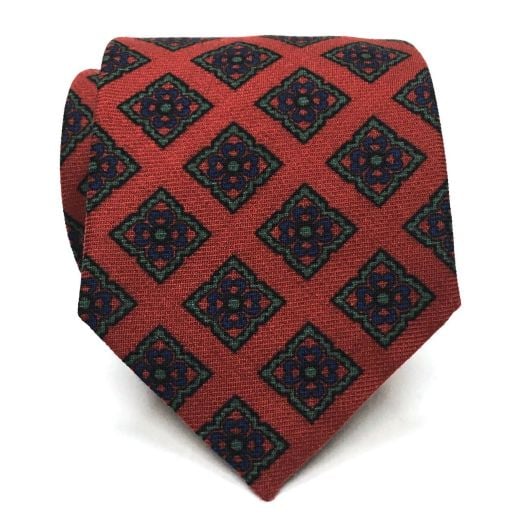 Atkinsons Wool Challis Necktie - Large Blocks - Rust (102192)  Extra Long