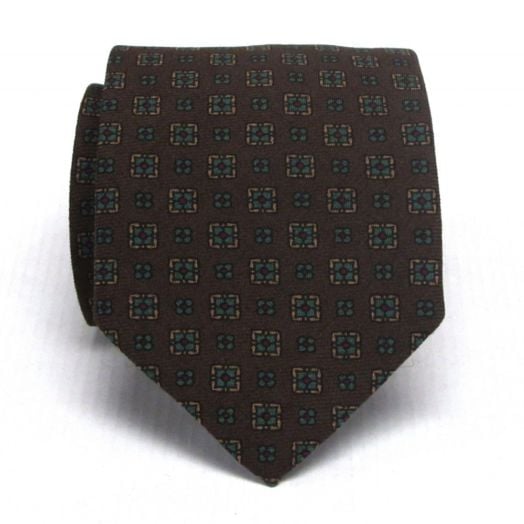Atkinsons Wool Challis Necktie - Neat - Brown with Green Gold & Red (Brn1) (78814)