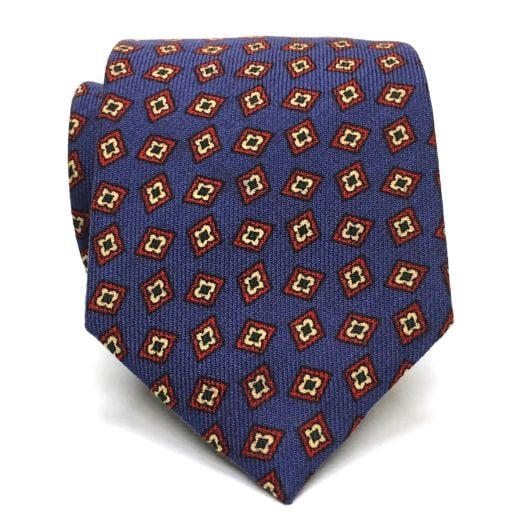 Atkinsons Wool Challis Necktie - Tossed Diamonds - Blue with Rust & Tan (92435)