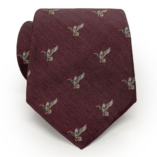 Atkinsons Wool & Silk Club Necktie - Ducks - Burgundy (098465)