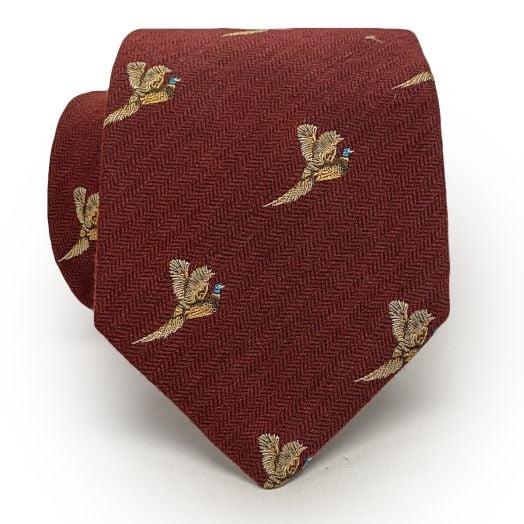 Atkinsons Wool & Silk Club Necktie - Pheasants - Burgundy (092748)