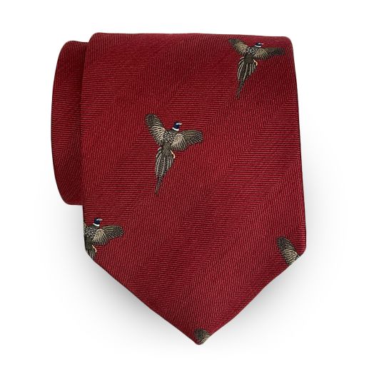 Atkinsons Wool & Silk Club Necktie - Pheasants in Flight - Red (117482)