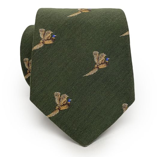 Atkinsons Wool & Silk Club Necktie - Pheasants - Olive (092749)