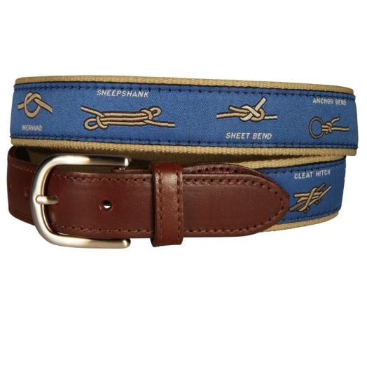 Belted Cow Leather Tab Belt - Nautical Knots (Blue)