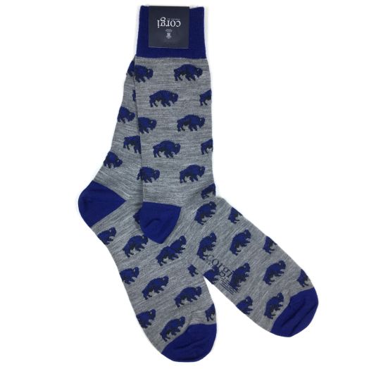 Wool mid-calf Corgi for O'Connell's Buffalo Socks - Grey with Royal & Navy Buffalos