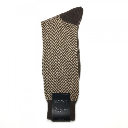 Cashmere mid-calf Bresciani Socks - Herringbone - Brown (91151)
