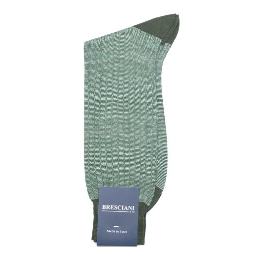 Cotton & Linen midcalf Bresciani Socks - Horizonal Stripe - Olive & White (093230)