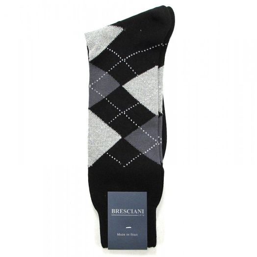 Cotton Mid-Calf Bresciani Argyle Socks - Black with Grey & Fog (118781)