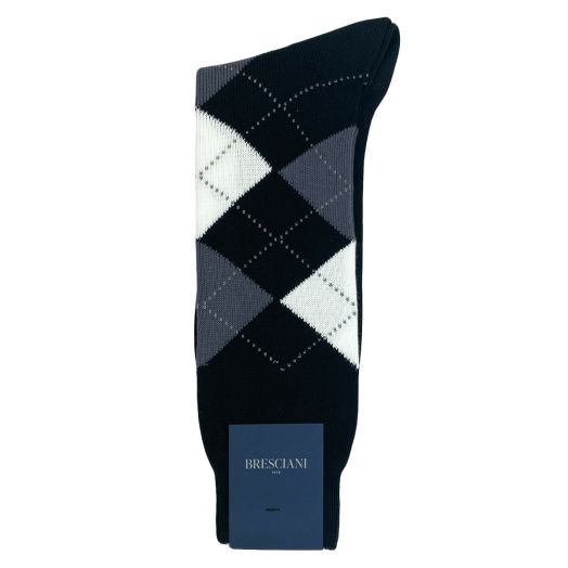 Cotton Mid-Calf Bresciani Argyle Socks - Black with White & Grey (114212)