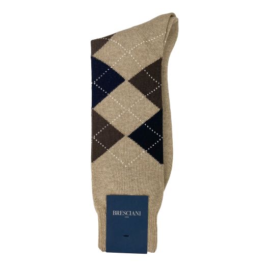 Cotton Mid-Calf Bresciani Argyle Socks - Khaki with Brown & Navy (118772)