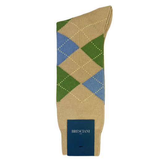 Cotton Mid-Calf Bresciani Argyle Socks - Khaki with Olive & Blue (114211)