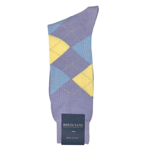 Cotton Mid-Calf Bresciani Argyle Socks - Lilac & Yellow (099116)