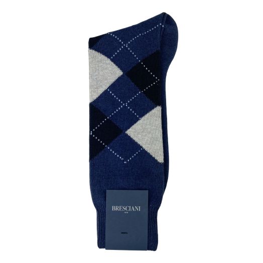 Cotton Mid-Calf Bresciani Argyle Socks - Midnight with Navy & Light Grey (118773)