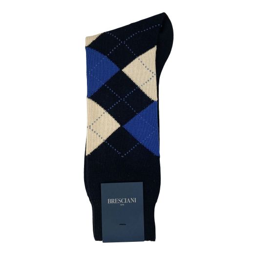 Cotton Mid-Calf Bresciani Argyle Socks - Navy with Khaki & Blue (118774)