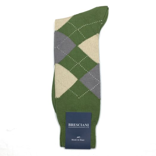 Cotton mid-calf Bresciani Argyle Socks - Olive with Khaki & Taupe (95137)
