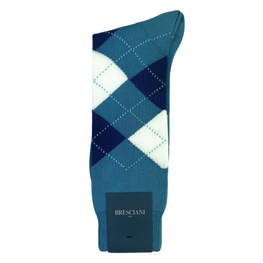 Cotton Mid-Calf Bresciani Argyle Socks - Peacock with White & Navy (114209)