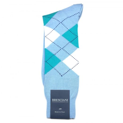 Cotton mid-calf Bresciani Argyle Socks - Sky, Aqua & White (93461)