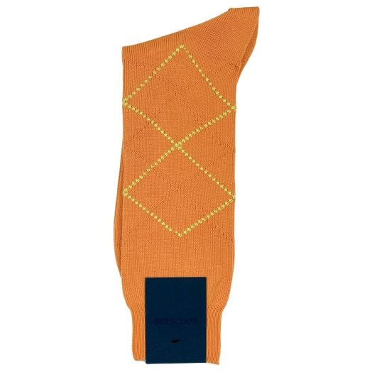 Cotton Mid-Calf Bresciani Argyle Socks - Tangerine & Yellow (102416)
