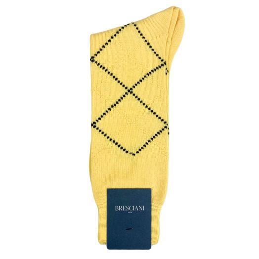 Cotton Mid-Calf Bresciani Argyle Socks - Yellow with Navy (114214)