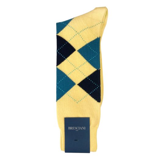 Cotton Mid-Calf Bresciani Argyle Socks - Yellow with Navy & Teal (118776)
