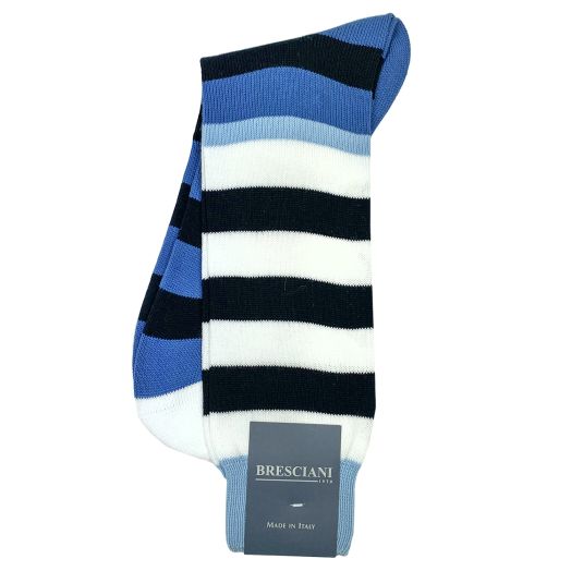 Cotton mid-calf Bresciani Bold Stripe Socks - Navy, Blue & White (85414)