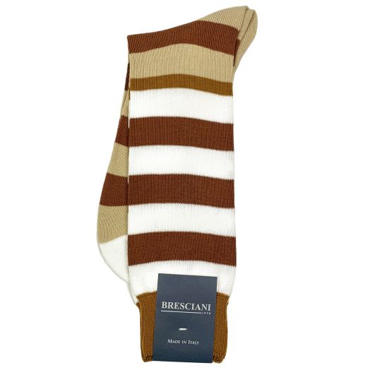 Cotton mid-calf Bresciani Bold Stripe Socks - Vicuna, White & Tan (85413)