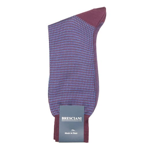Cotton mid-calf Bresciani Fine Gauge Houndstooth Socks - Plum & Cadet Blue (093234)