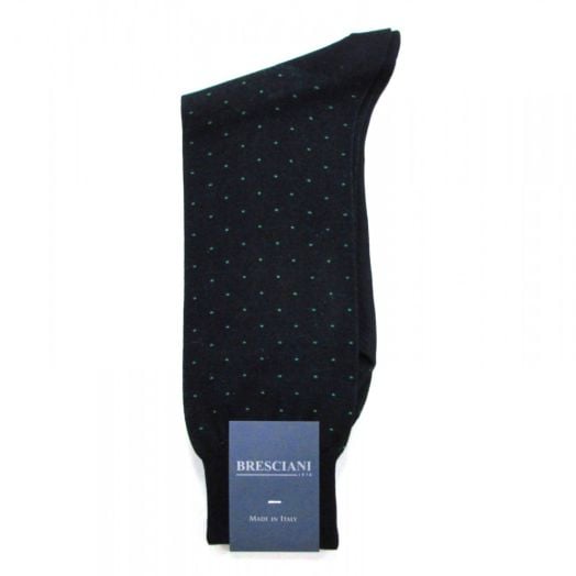 Cotton mid-calf Bresciani Fine Gauge Pin Dot Socks - Dark Navy with Green (80570)