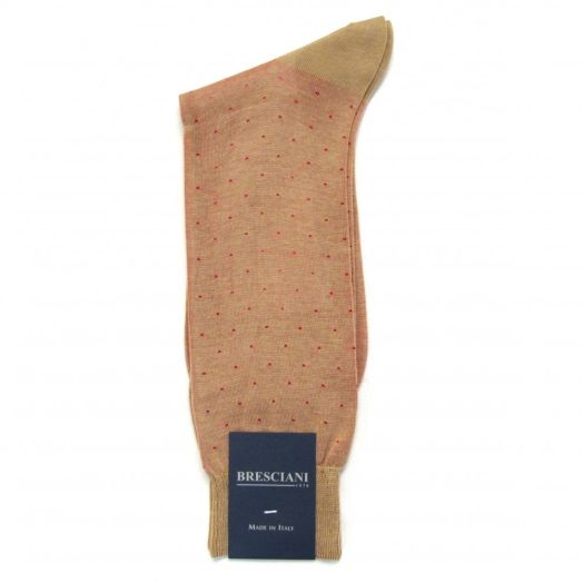 Cotton mid-calf Bresciani Fine Gauge Pin Dot Socks - Khaki with Red (77394)