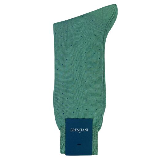 Cotton Mid-Calf Bresciani Fine Gauge Pin Dot Socks - Sage with Navy (114204)