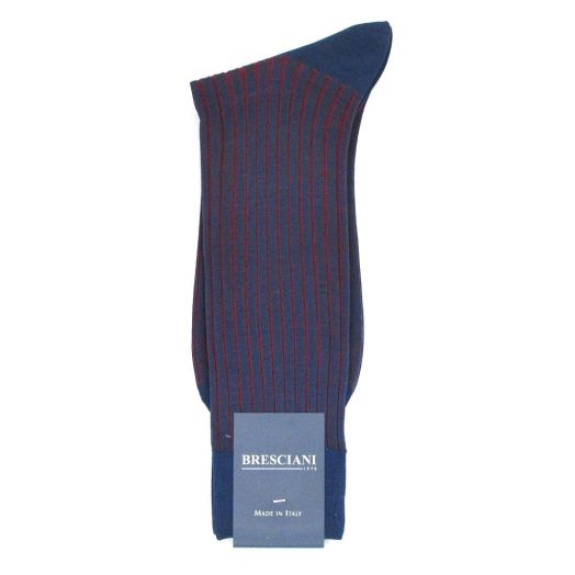 Cotton Mid-calf Bresciani Fine Gauge Vertical Stripe Socks - Blue with Red (78320)
