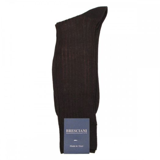 Cotton mid-calf Bresciani Fine Gauge Vertical Stripe Socks - Dark Brown with Rust (43385)