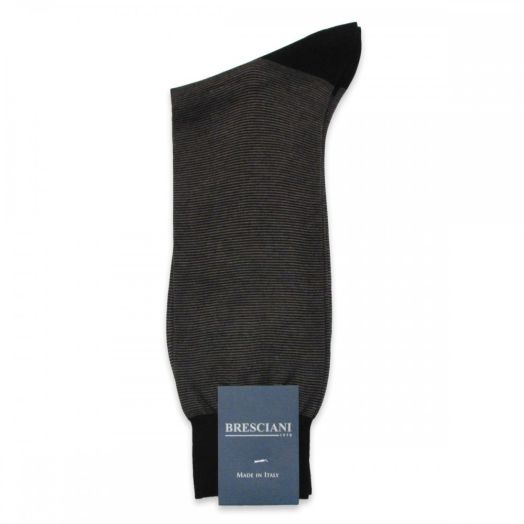 Cotton mid-calf Bresciani Fine Gauge Micro Stripe Socks - Black with Brown (77382)